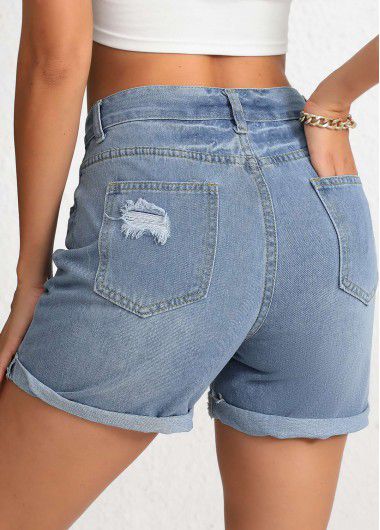 Modlily Denim Blue Button Regular High Waisted Shorts - XL