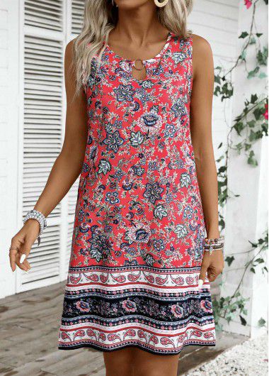 Modlily Coral Circular Ring Tribal Print Sleeveless Round Neck Dress - XXL