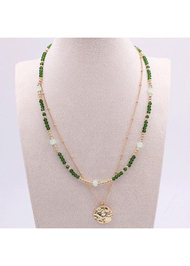 Modlily Green Alloy Layered Beaded Detail Necklace - One Size