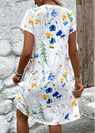 Modlily White Lightweight Floral Print A Line Short Sleeve Dress - L