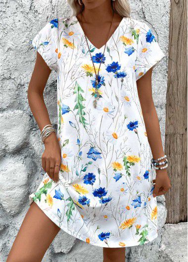Modlily White Lightweight Floral Print A Line Short Sleeve Dress - L