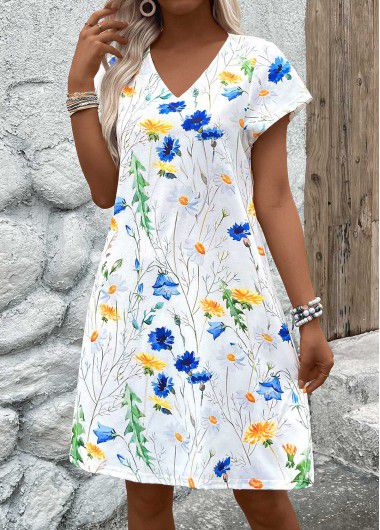 Modlily White Lightweight Floral Print A Line Short Sleeve Dress - L