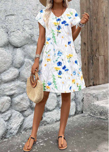 Modlily White Lightweight Floral Print A Line Short Sleeve Dress - L