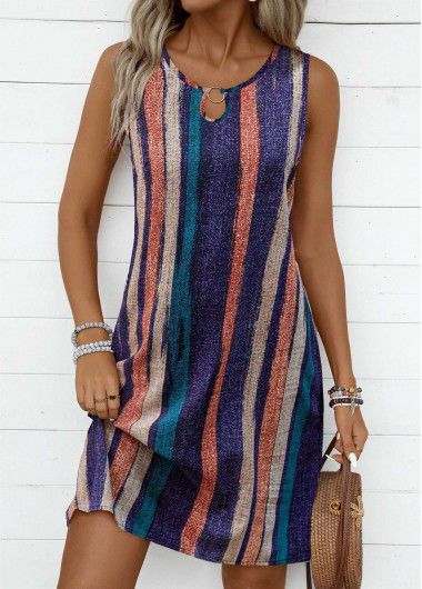 Modlily Multi Color Breathable Striped A Line Sleeveless Dress - XXL