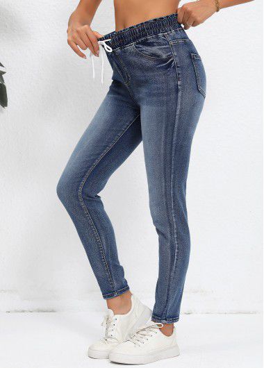 Modlily Denim Blue Pocket Regular Elastic Waist High Waisted Jeans - L