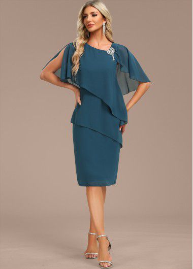 Modlily Peacock Blue Layered Cape Sleeve Asymmetrical Neck Shift Dress - M