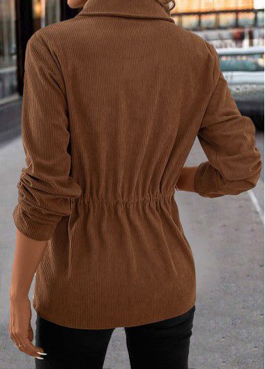 Modlily Dark Coffee Drawstring Long Sleeve Shirt Collar Coat - M