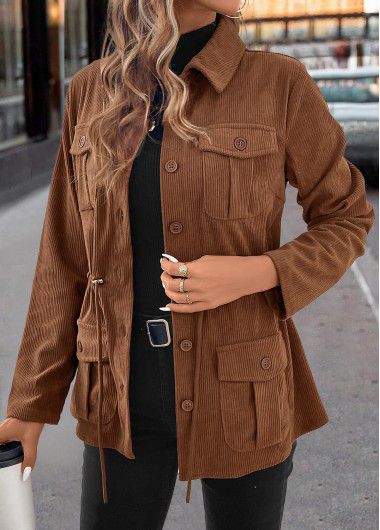 Modlily Dark Coffee Drawstring Long Sleeve Shirt Collar Coat - M