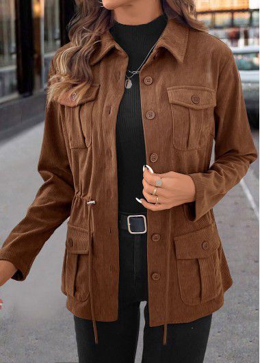 Modlily Dark Coffee Drawstring Long Sleeve Shirt Collar Coat - M