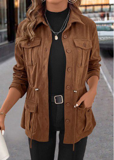 Modlily Dark Coffee Drawstring Long Sleeve Shirt Collar Coat - M