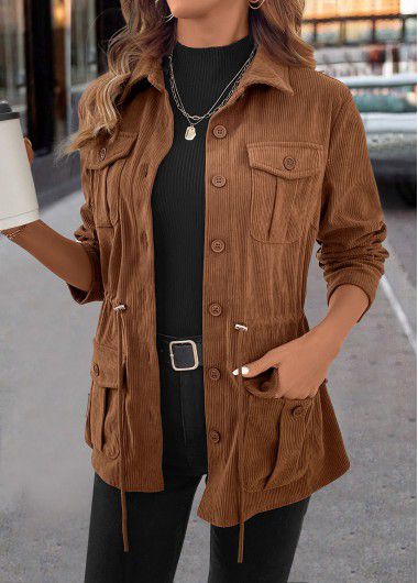 Modlily Dark Coffee Drawstring Long Sleeve Shirt Collar Coat - M