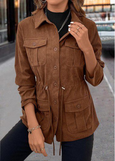 Modlily Dark Coffee Drawstring Long Sleeve Shirt Collar Coat - M