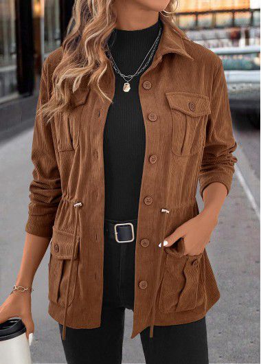 Modlily Dark Coffee Drawstring Long Sleeve Shirt Collar Coat - M