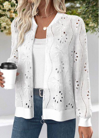 Modlily White Jacquard Long Sleeve Stand Collar Track Jacket - XXL