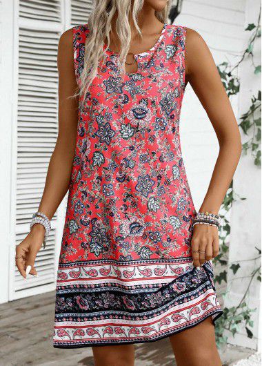 Modlily Coral Circular Ring Tribal Print Sleeveless Round Neck Dress - XXL