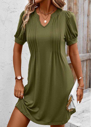 Modlily Olive Green Tuck Stitch Short Split Neck Dress - L