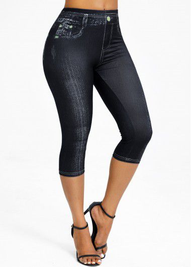 Modlily Black Denim-effect Print High Waisted Capri Elastic Waist Leggings - XL