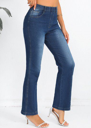 Modlily Elastic Waist Denim Blue High Waisted Jeans - 2XL