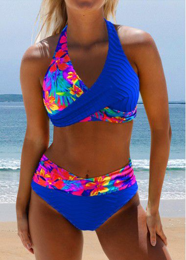 Modlily Surplice Floral Print Royal Blue Bikini Set - XS