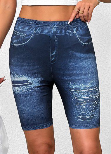 Modlily Denim Blue Ombre Mid Waisted Knee Length Leggings - M