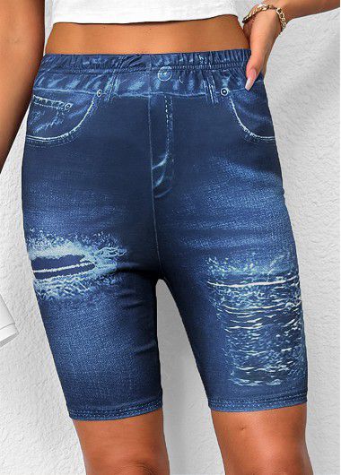 Modlily Denim Blue Ombre Mid Waisted Knee Length Leggings - M