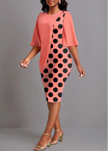 Modlily Coral Asymmetry Polka Dot Half Sleeve Bodycon Dress - L