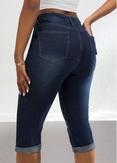 Modlily Denim Blue Pocket Skinny Button Fly High Waisted Jeans - 2XL