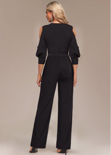 Modlily Black Metal Ring Cold Shoulder Jumpsuit - L