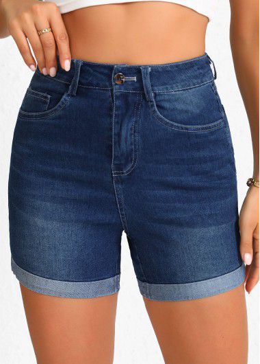 Modlily Denim Blue Pocket Regular Button Fly High Waisted Shorts - 2XL