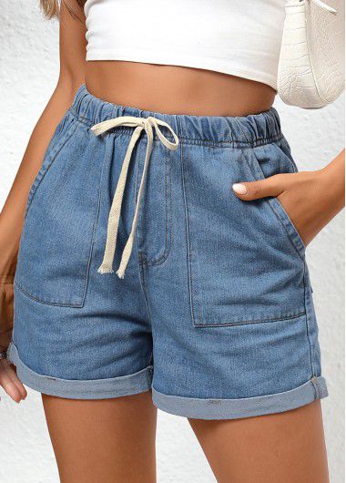 Modlily Denim Blue Double Side Pockets Regular Elastic Waist Shorts - M