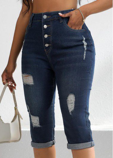 Modlily Denim Blue Pocket Skinny Button Fly High Waisted Jeans - 2XL