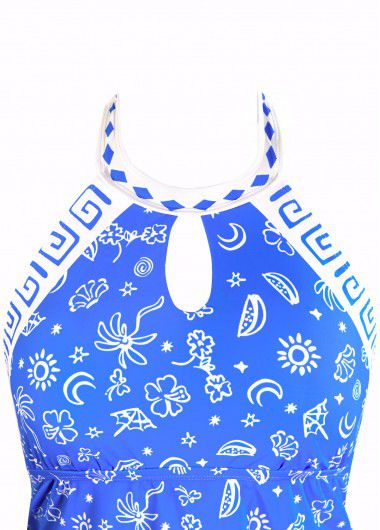 Modlily Cut Out Mid Waisted Floral Print Blue Tankini Set - XL