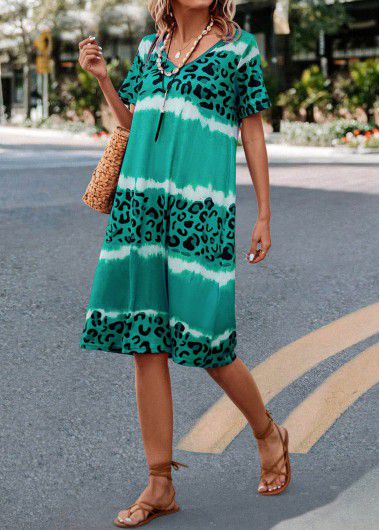 Modlily Green Leopard H Shape Short Sleeve Dress - L