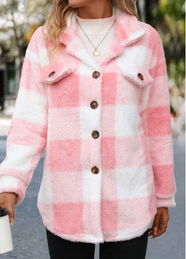 Modlily Light Pink Button Plaid Long Sleeve Coat - M