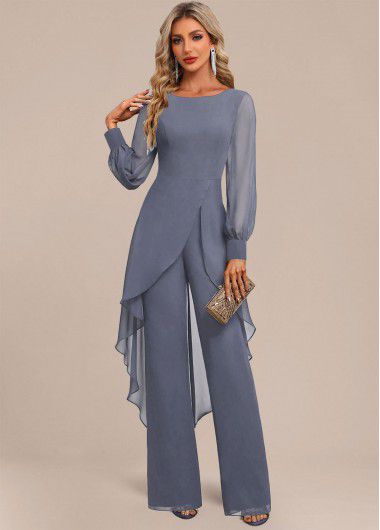 Modlily Dusty Blue Patchwork Long Scoop Neck Jumpsuit - XL
