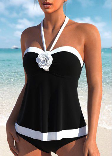 Modlily Bandeau Patchwork Tie Black Tankini Set - S