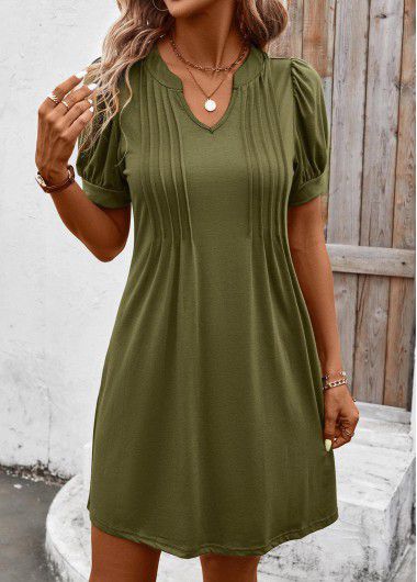 Modlily Olive Green Tuck Stitch Short Split Neck Dress - L