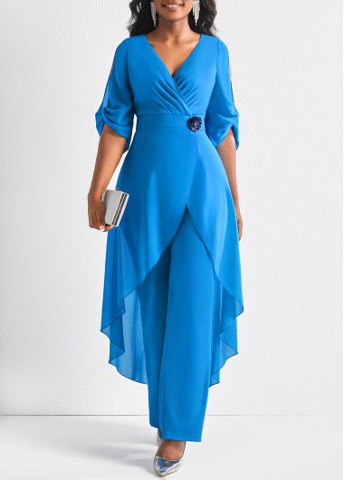 Modlily Light Blue Lightweight Long Half Sleeve V Neck Jumpsuit - M