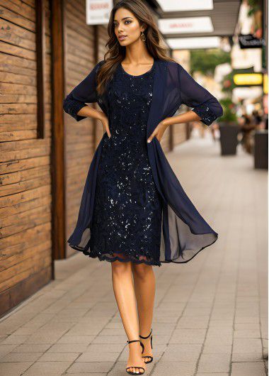 Modlily Navy Lace Sequin Shift Dress and Cardigan - M