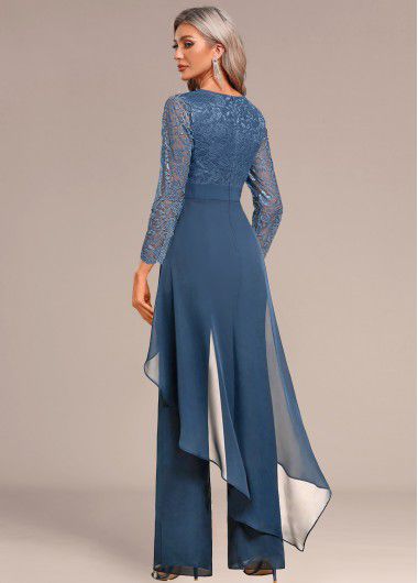 Modlily Peacock Blue Lace Long Three Quarter Length Sleeve Jumpsuit - XL