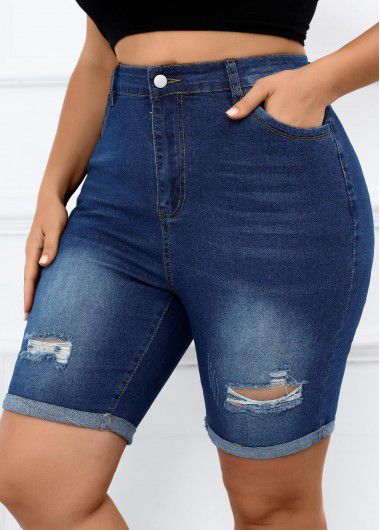 Modlily Plus Size Zipper Fly Skinny Denim Shorts - 2XL