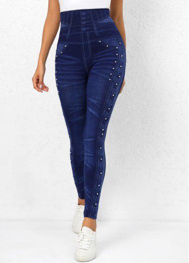 Modlily Denim Blue High Waisted Beaded Leggings - XL