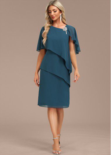 Modlily Peacock Blue Layered Cape Sleeve Asymmetrical Neck Shift Dress - M