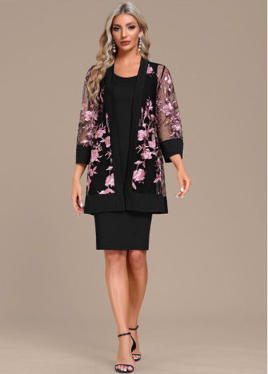 Modlily Embroidery Black Two Piece Shift Dress and Cardigan - XXL