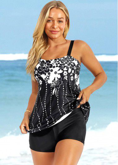 Modlily Floral Print Wide Strap Black Tankini Set - M