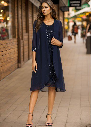 Modlily Navy Lace Sequin Shift Dress and Cardigan - M