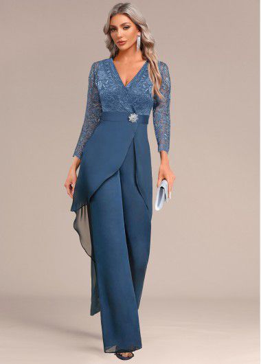 Modlily Peacock Blue Lace Long Three Quarter Length Sleeve Jumpsuit - XL