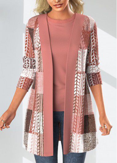 Modlily Pink Patchwork Geometric Print Long Sleeve Coat - L