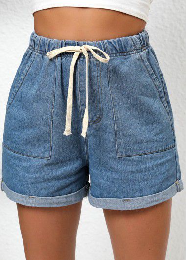 Modlily Denim Blue Double Side Pockets Regular Elastic Waist Shorts - XL