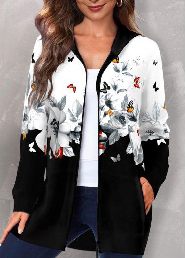 Modlily Multi Color Pocket Floral Print Long Sleeve Hooded Coat - XXL